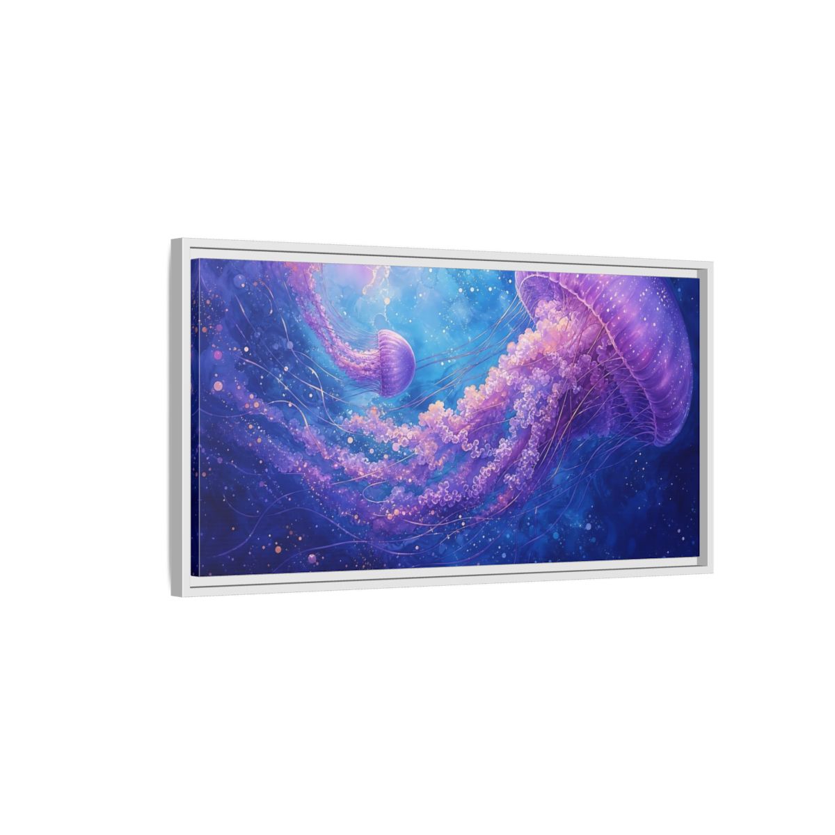 Side Mockup 1. Nature Jellyfish Purple And Blue Jellyfish shown as stretched canvas wall art