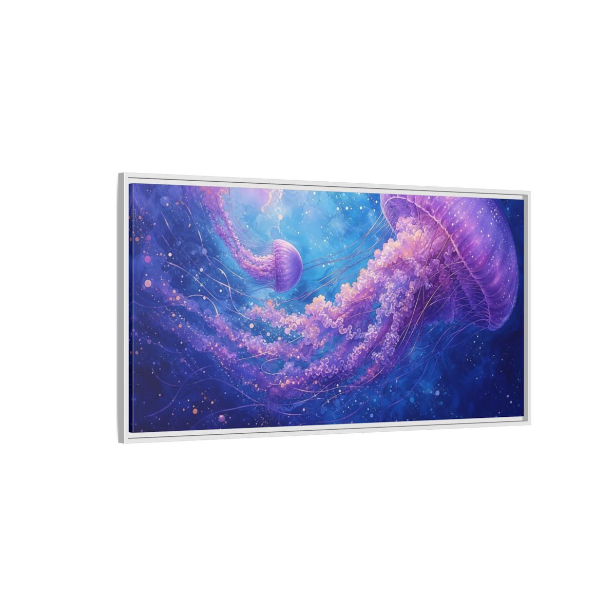 Side Mockup 3. Nature Jellyfish Purple And Blue Jellyfish shown as stretched canvas wall art