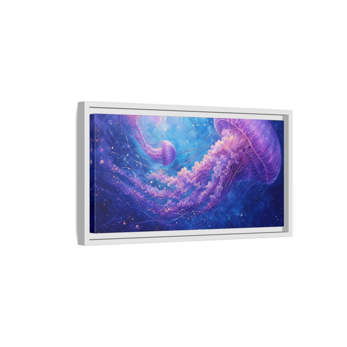 Side Mockup 6. Nature Jellyfish Purple And Blue Jellyfish shown as stretched canvas wall art