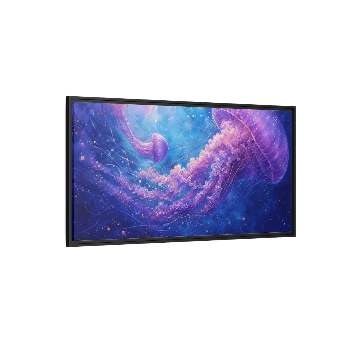 Side Mockup 5. Nature Jellyfish Purple And Blue Jellyfish shown as stretched canvas wall art