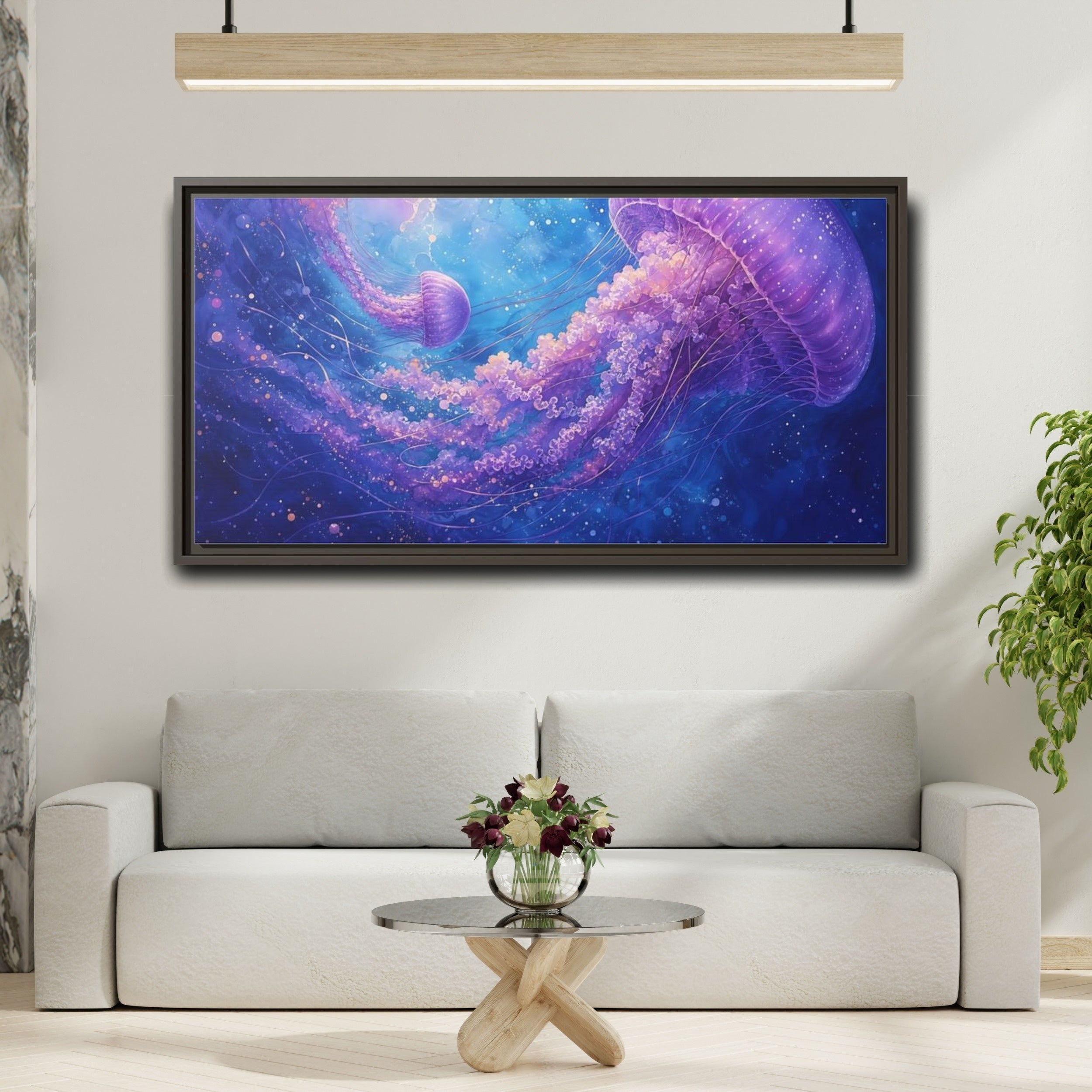 Mockup 2. Nature Jellyfish Purple And Blue Jellyfish shown as stretched canvas wall art