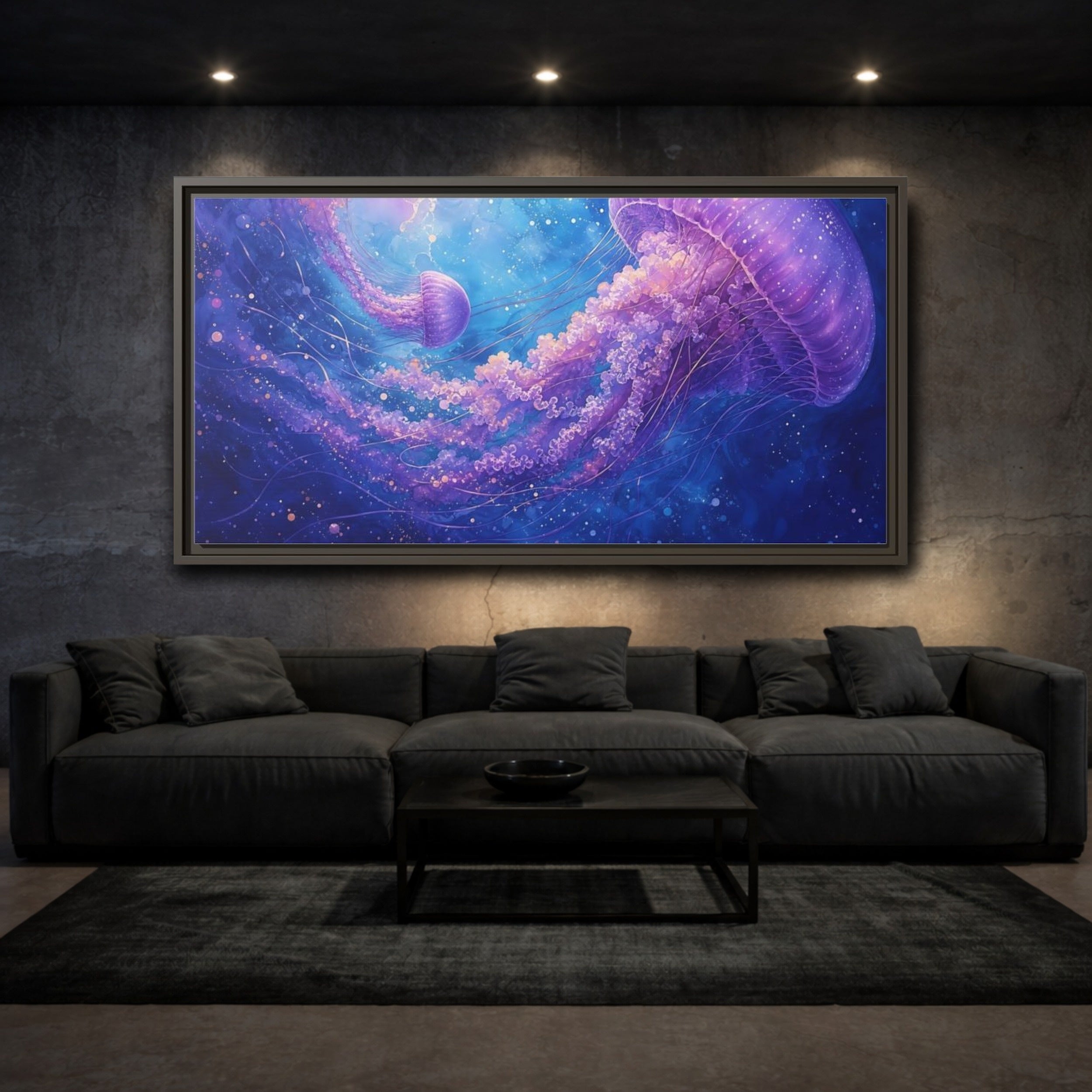 Mockup 3. Nature Jellyfish Purple And Blue Jellyfish shown as stretched canvas wall art