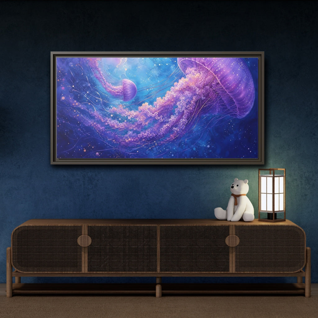 Mockup 4. Nature Jellyfish Purple And Blue Jellyfish shown as stretched canvas wall art