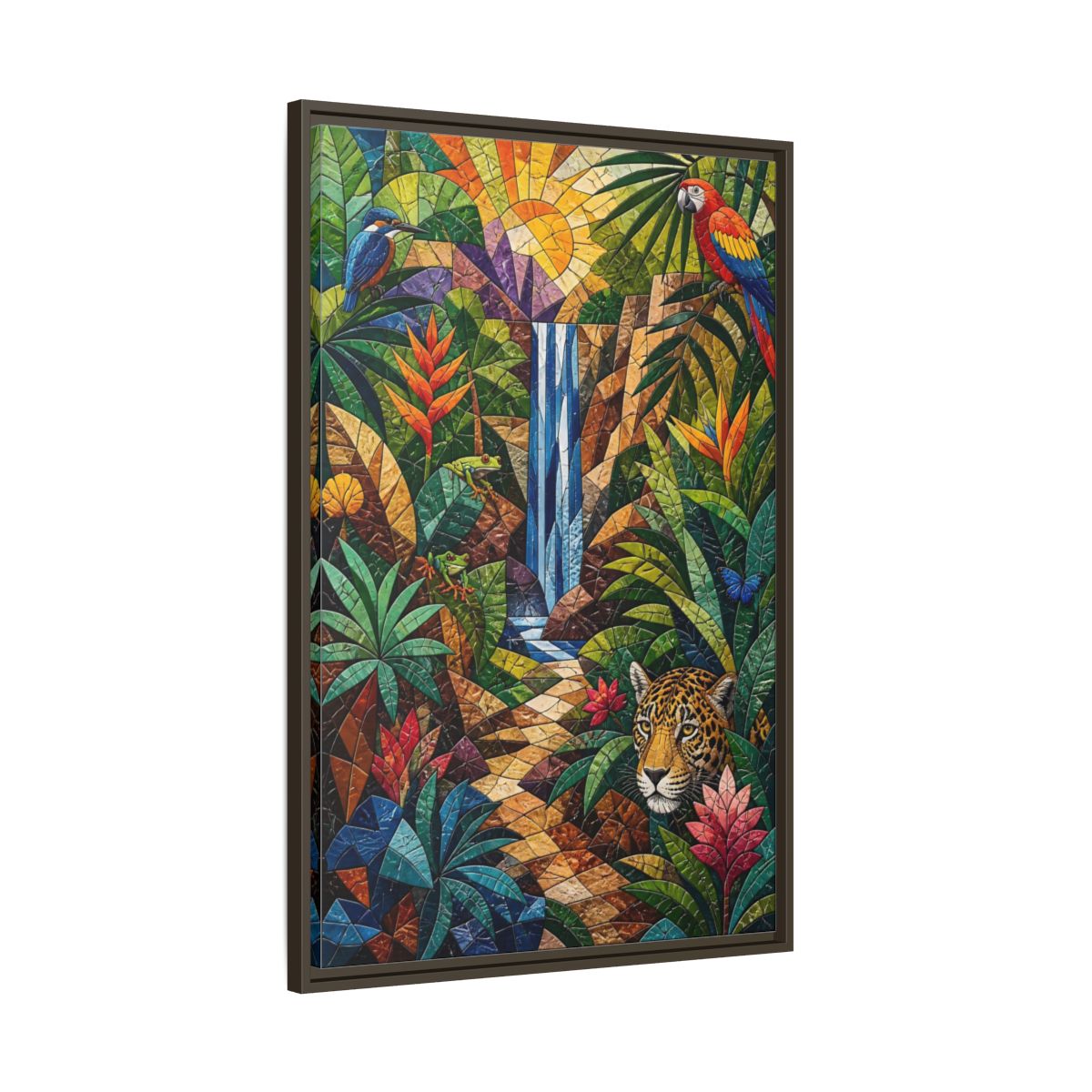 Main Mockup. Nature Jungle Animals Colorful Jungle Mosaic shown as stretched canvas wall art