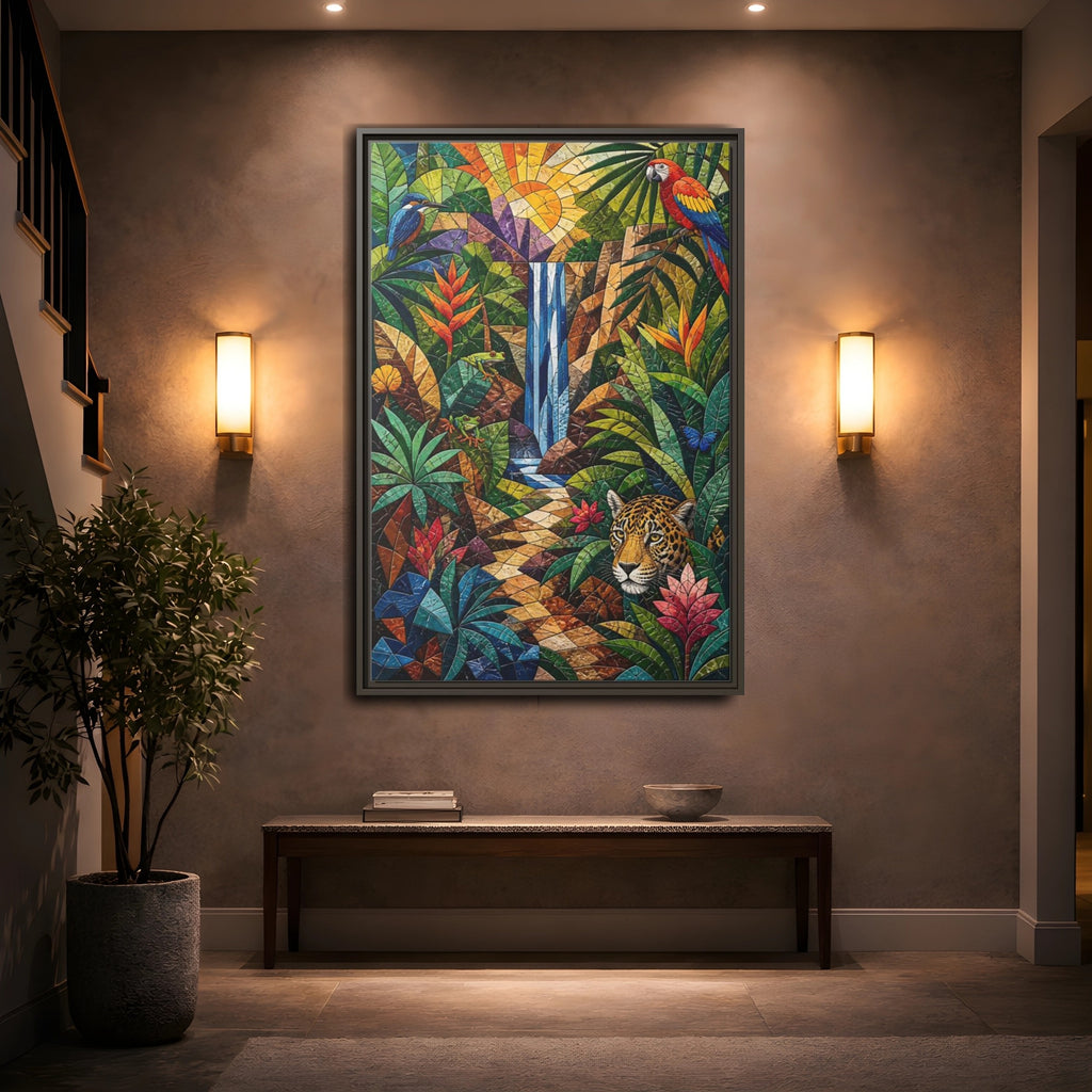 Mockup 2. Nature Jungle Animals Colorful Jungle Mosaic shown as stretched canvas wall art