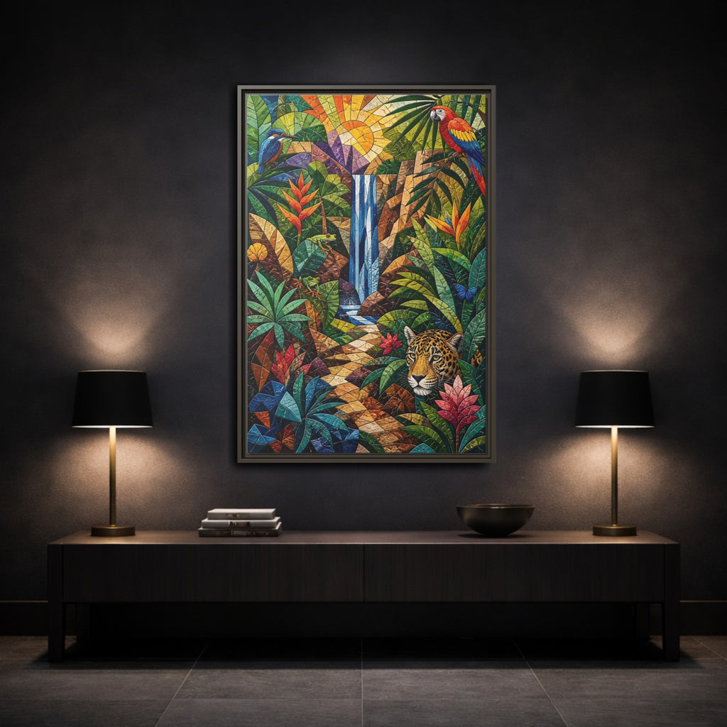 Mockup 3. Nature Jungle Animals Colorful Jungle Mosaic shown as stretched canvas wall art
