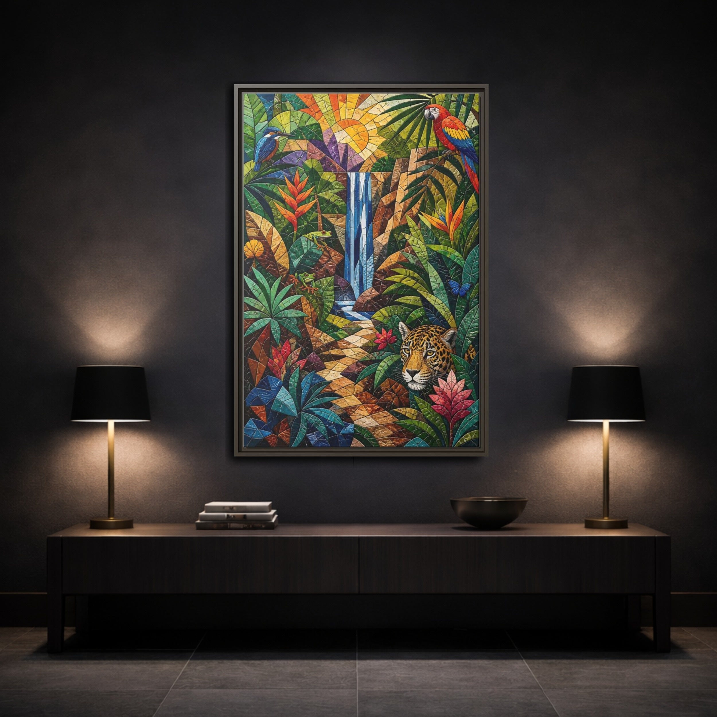 Mockup 3. Nature Jungle Animals Colorful Jungle Mosaic shown as stretched canvas wall art