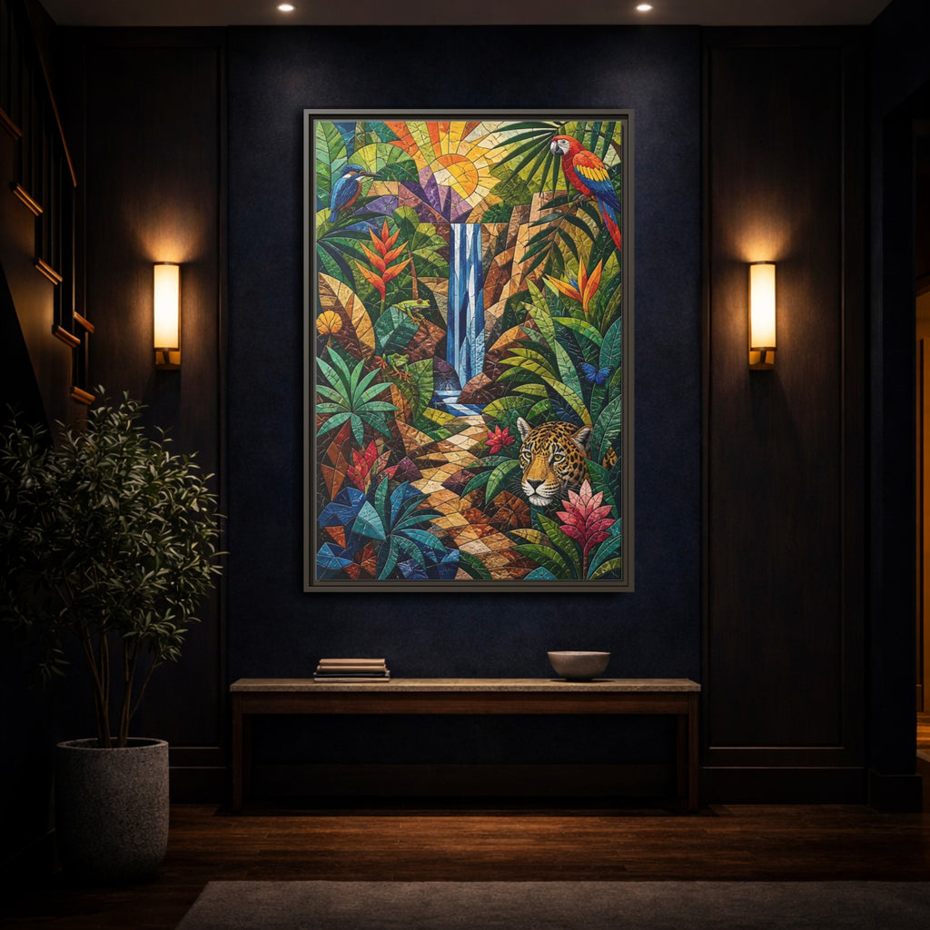 Mockup 4. Nature Jungle Animals Colorful Jungle Mosaic shown as stretched canvas wall art