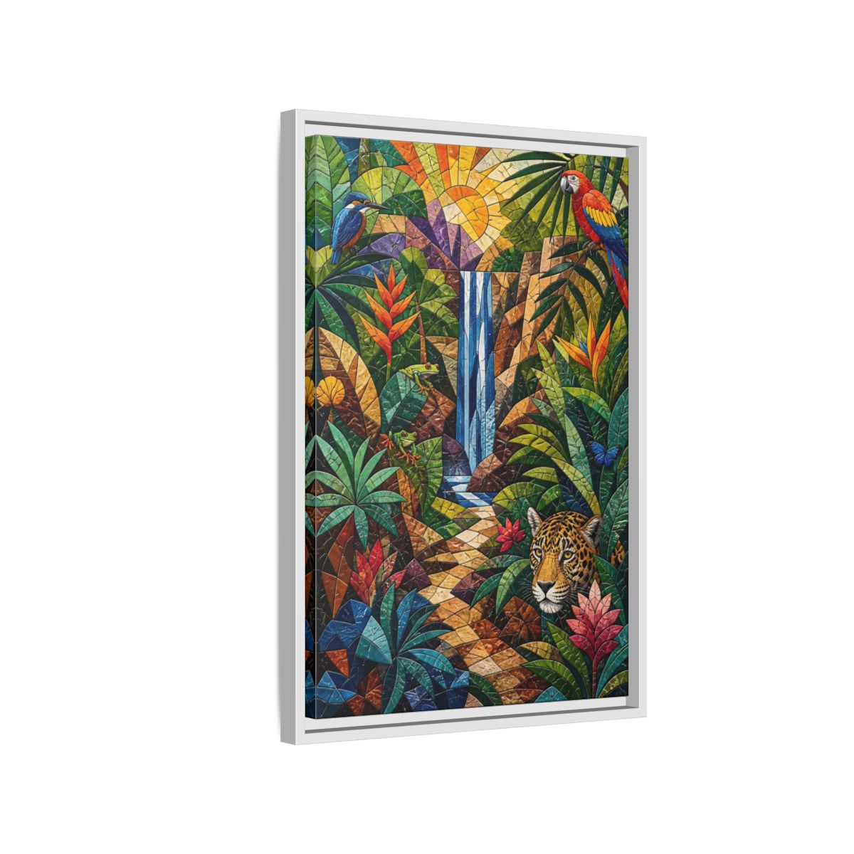 Side Mockup 1. Nature Jungle Animals Colorful Jungle Mosaic shown as stretched canvas wall art