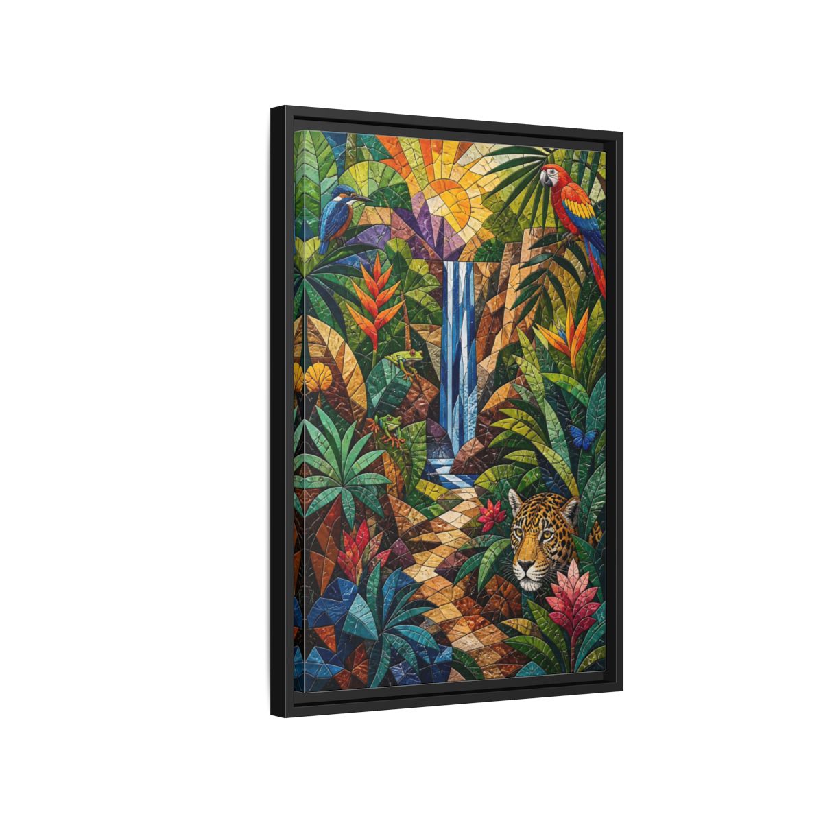 Side Mockup 3. Nature Jungle Animals Colorful Jungle Mosaic shown as stretched canvas wall art