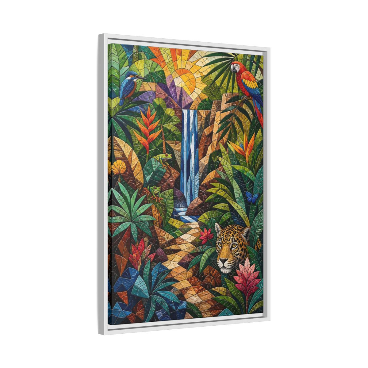 Side Mockup 10. Nature Jungle Animals Colorful Jungle Mosaic shown as stretched canvas wall art