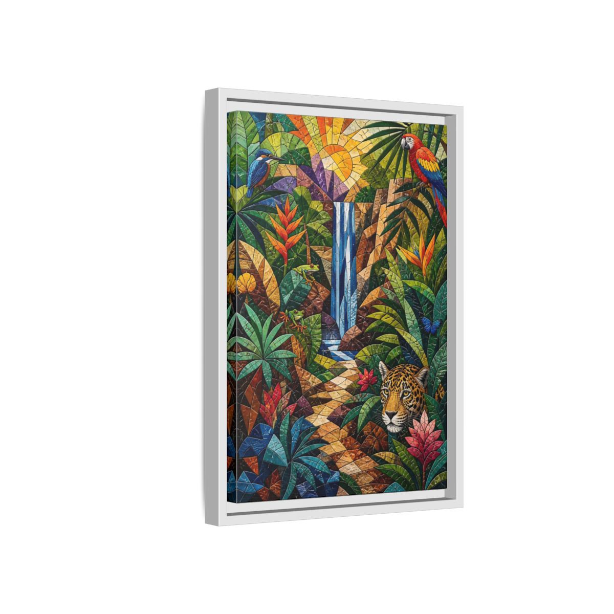 Side Mockup 4. Nature Jungle Animals Colorful Jungle Mosaic shown as stretched canvas wall art