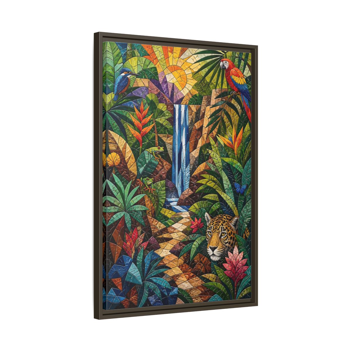 Side Mockup 11. Nature Jungle Animals Colorful Jungle Mosaic shown as stretched canvas wall art