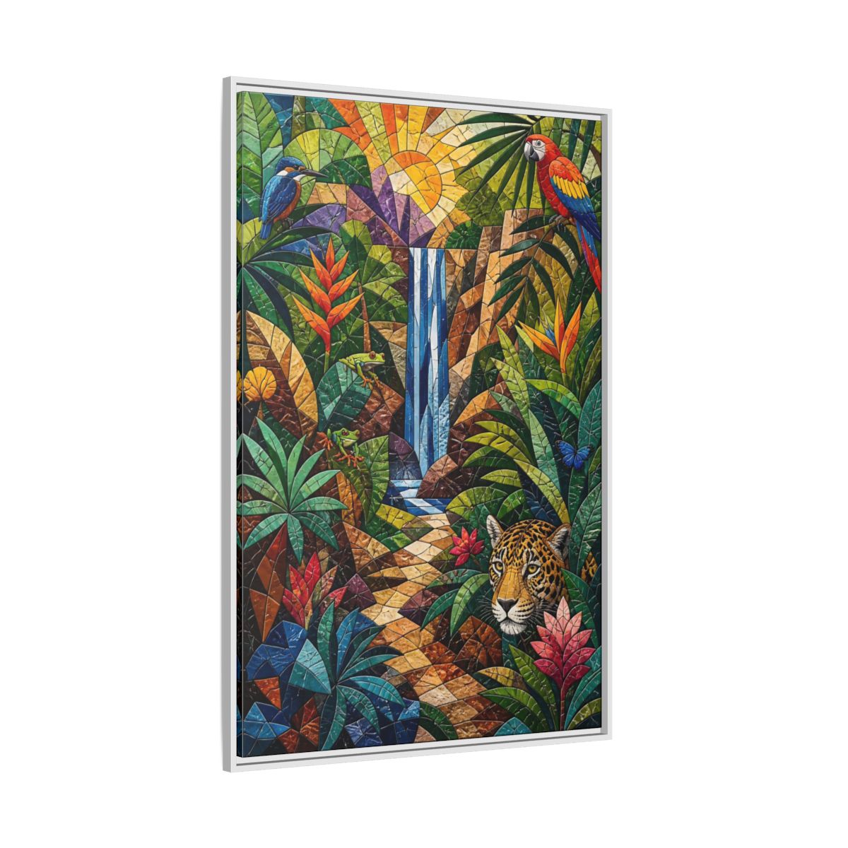 Side Mockup 7. Nature Jungle Animals Colorful Jungle Mosaic shown as stretched canvas wall art