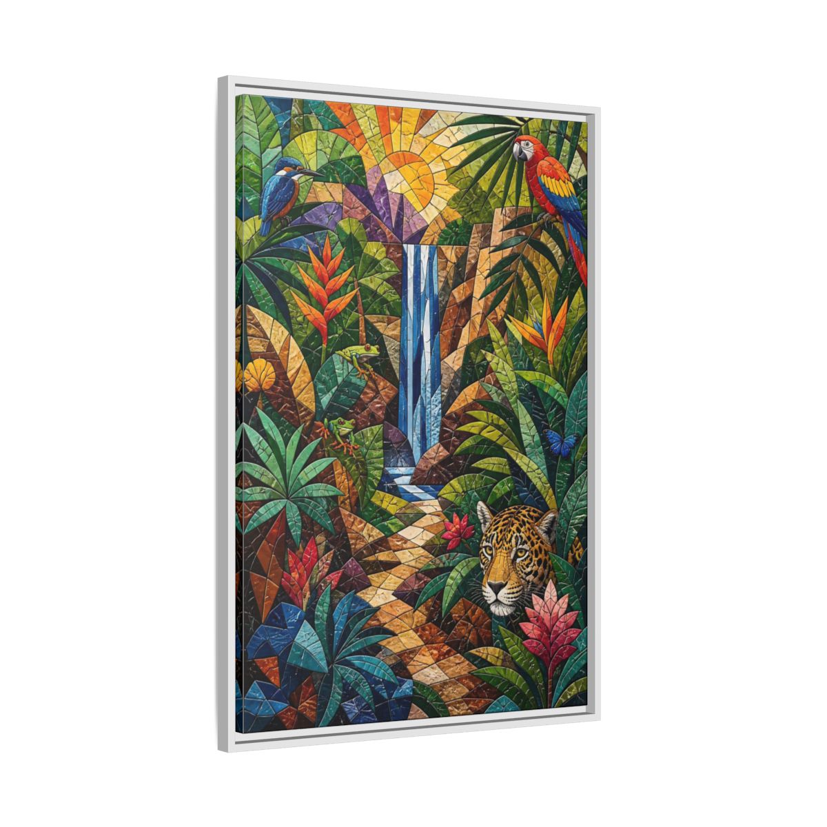 Side Mockup 9. Nature Jungle Animals Colorful Jungle Mosaic shown as stretched canvas wall art