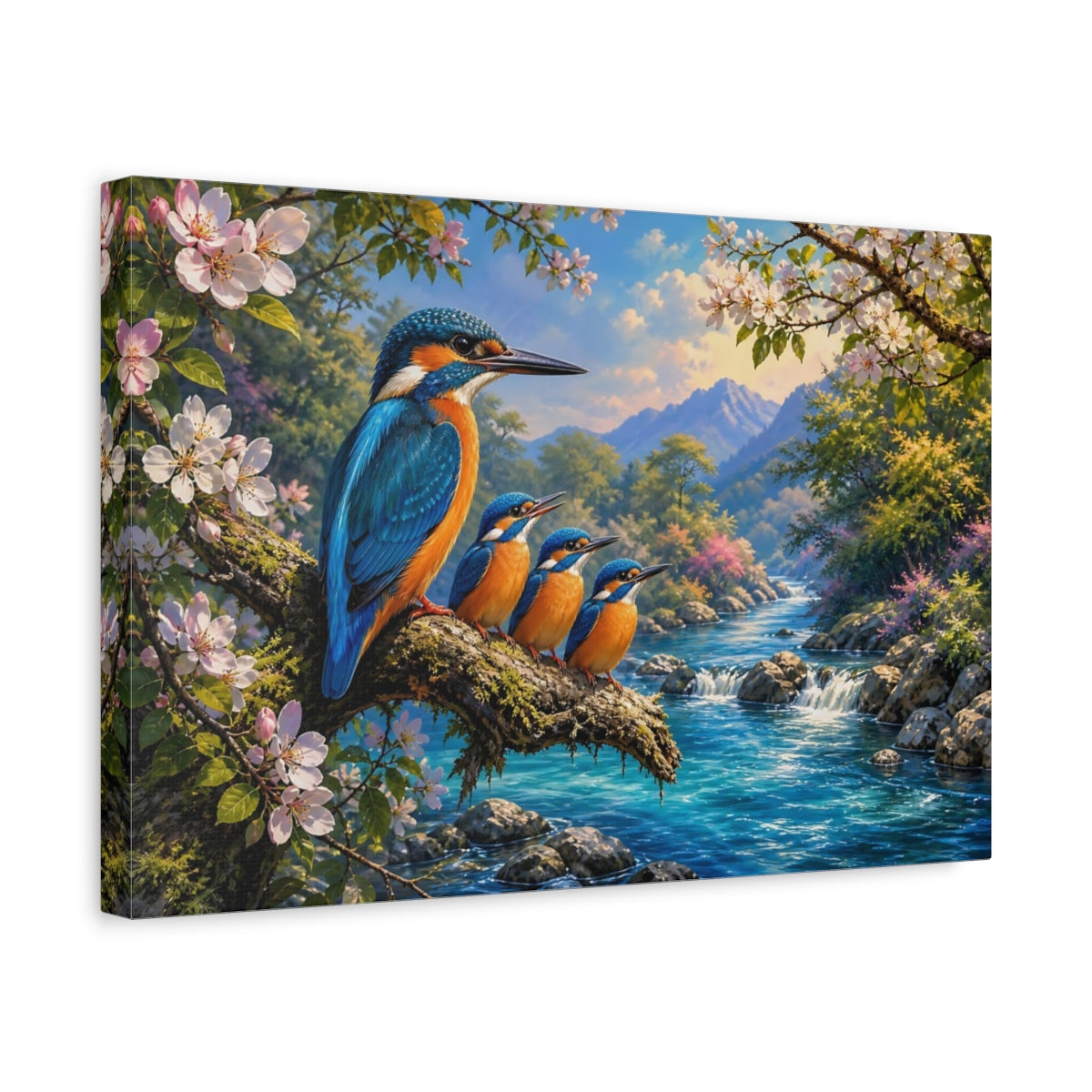 Side Mockup 4. Nature Kingfishers Vibrant Kingfishers shown as canvas print