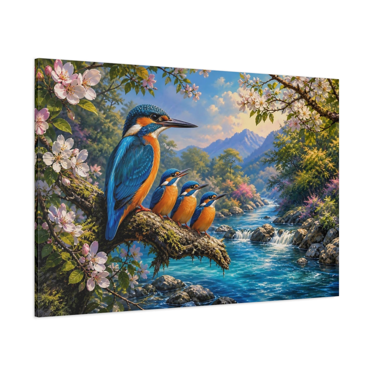 Side Mockup 1. Nature Kingfishers Vibrant Kingfishers shown as canvas print