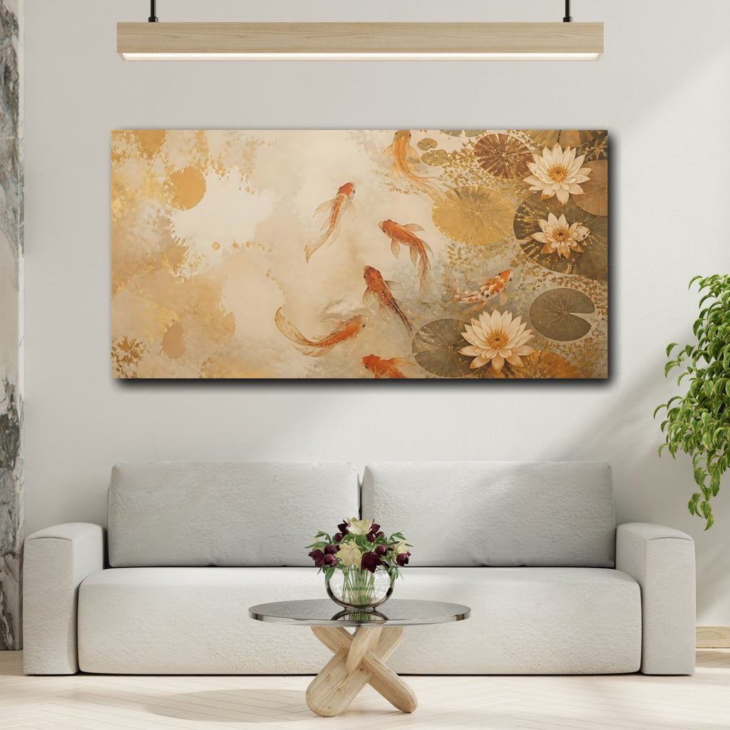 Mockup 2. Nature Koi Fish Gold Koi Fish shown as stretched canvas wall art