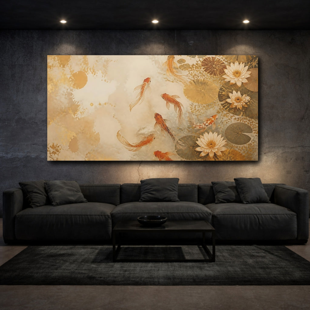 Mockup 3. Nature Koi Fish Gold Koi Fish shown as stretched canvas wall art