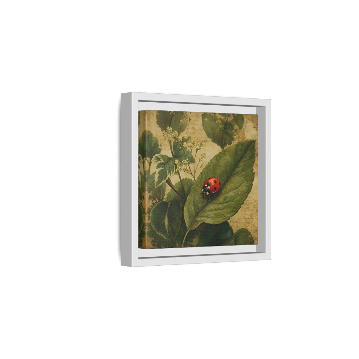 Side Mockup 1. Nature Ladybug Vintage Ladybug shown as stretched canvas wall art