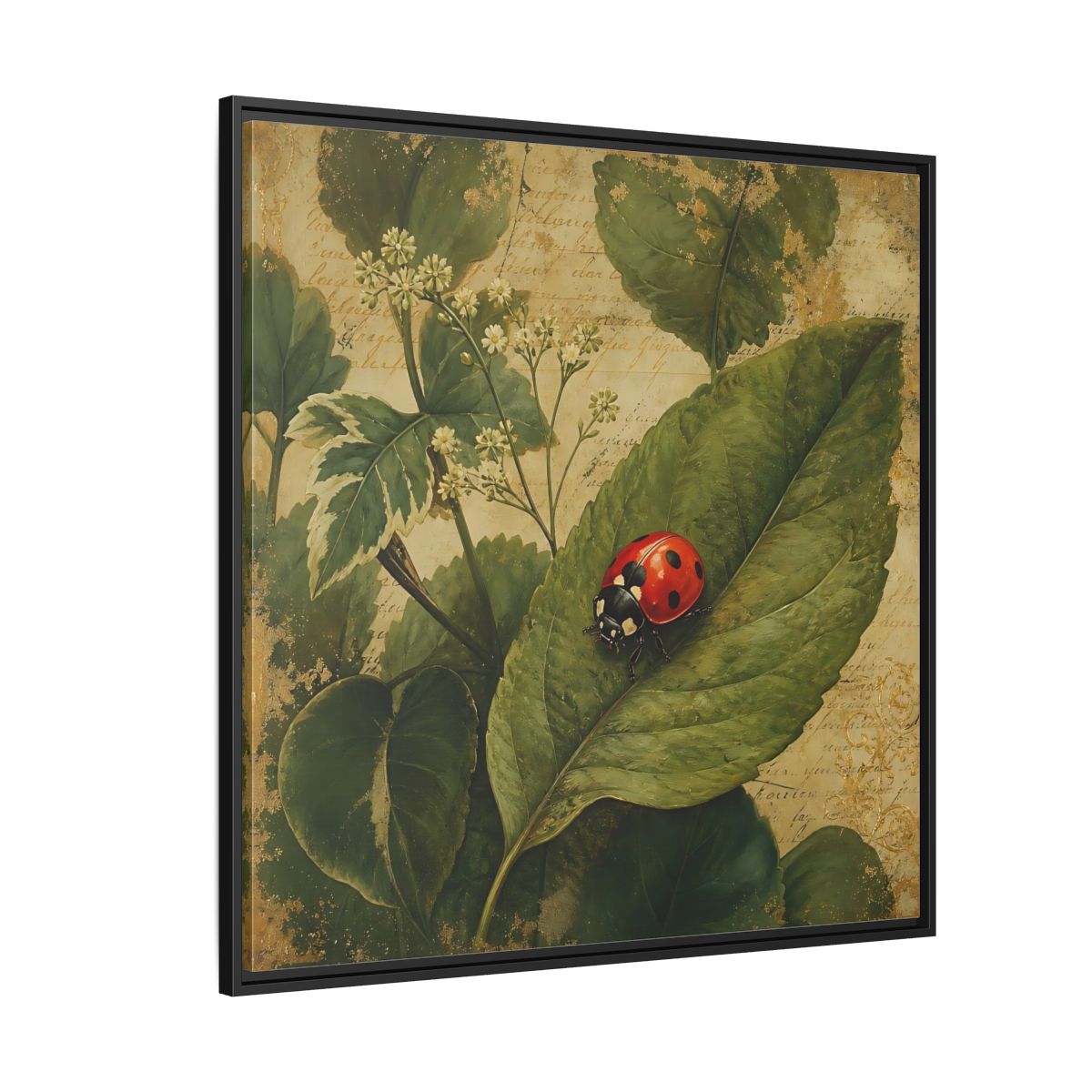 Side Mockup 6. Nature Ladybug Vintage Ladybug shown as stretched canvas wall art
