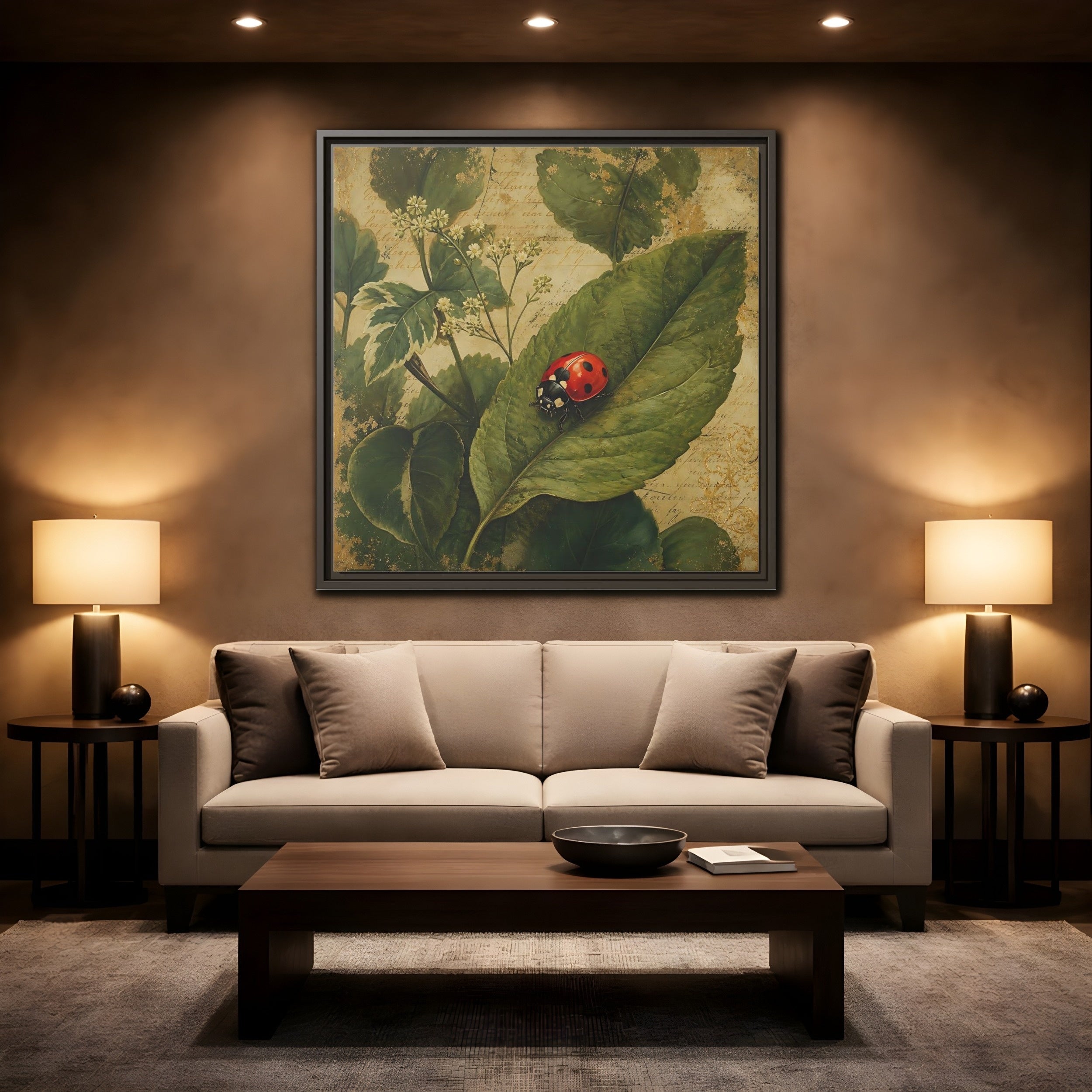 Mockup 2. Nature Ladybug Vintage Ladybug shown as stretched canvas wall art