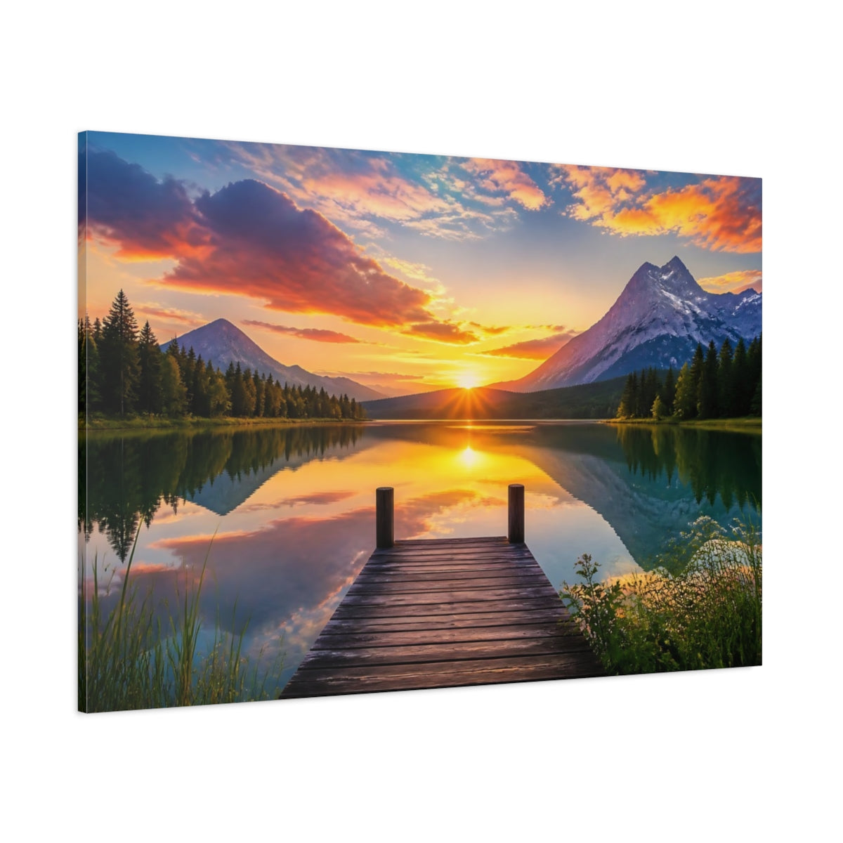 Side Mockup 1. Nature Lake Sunset Golden Sunset Lake shown as stretched canvas wall art