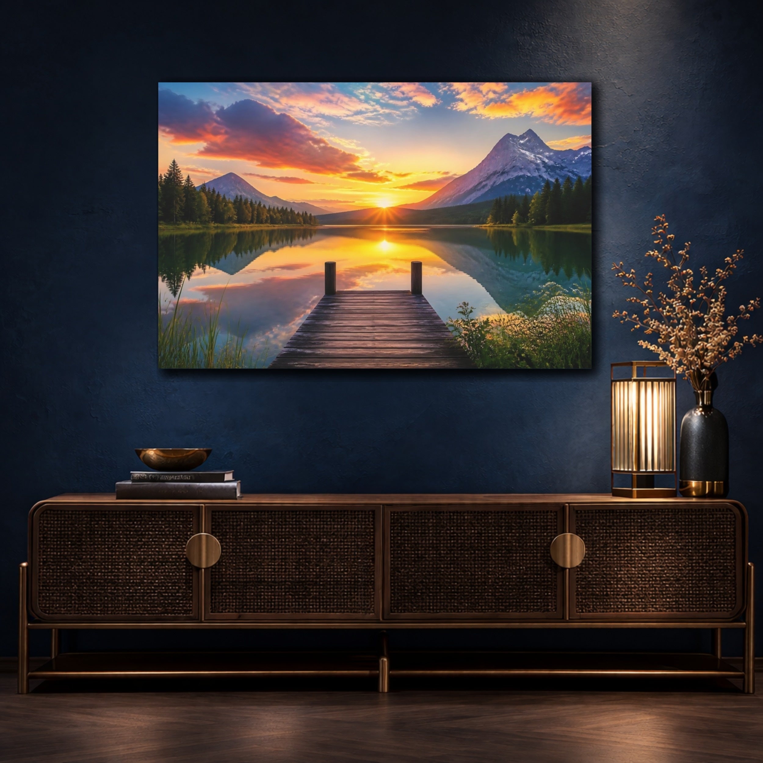 Mockup 4. Nature Lake Sunset Golden Sunset Lake shown as stretched canvas wall art