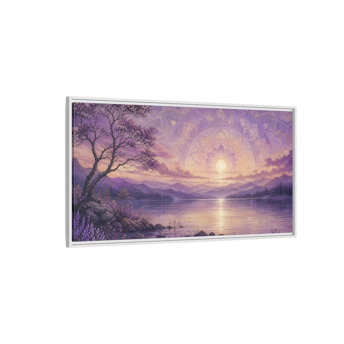 Side Mockup 3. Nature Lake Sunset Lavender Sunset shown as stretched canvas wall art