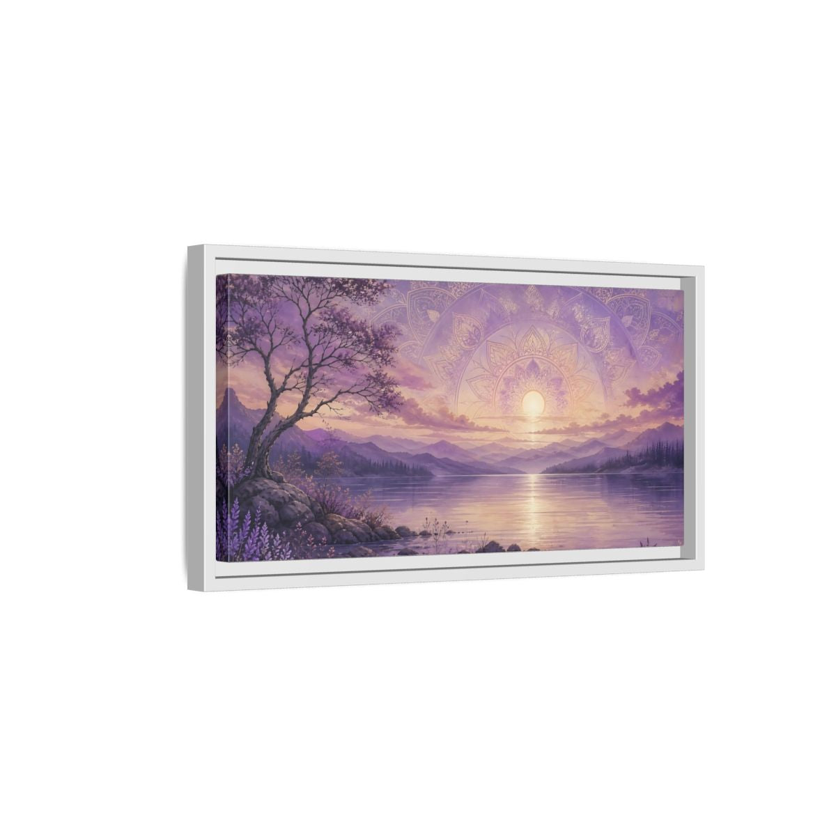 Side Mockup 6. Nature Lake Sunset Lavender Sunset shown as stretched canvas wall art