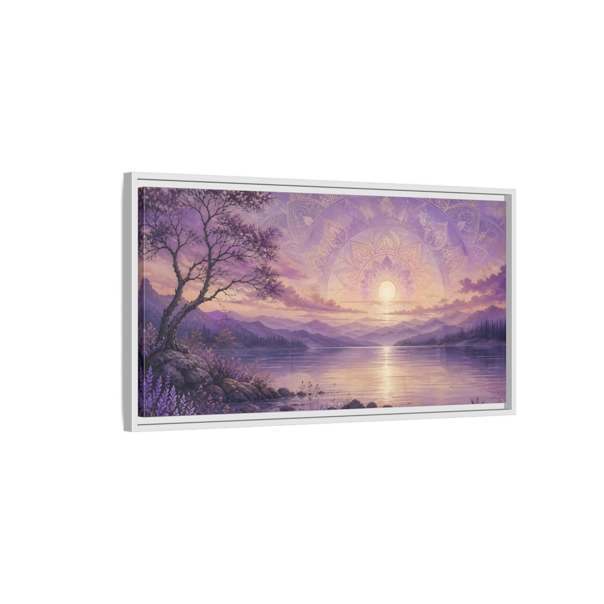 Side Mockup 1. Nature Lake Sunset Lavender Sunset shown as stretched canvas wall art