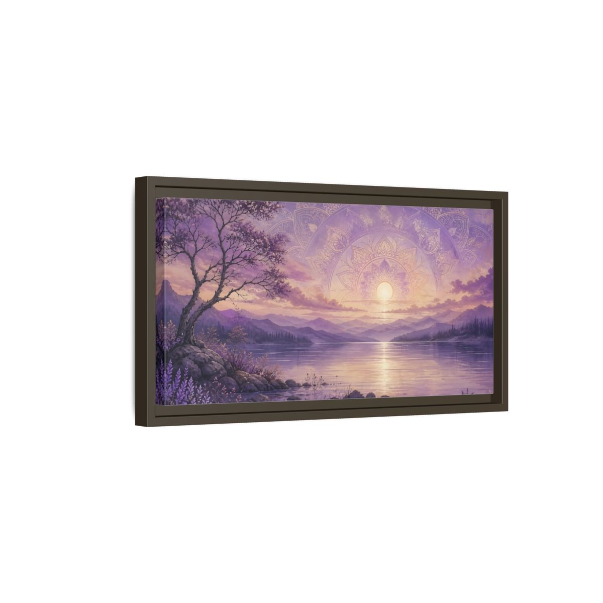 Side Mockup 7. Nature Lake Sunset Lavender Sunset shown as stretched canvas wall art