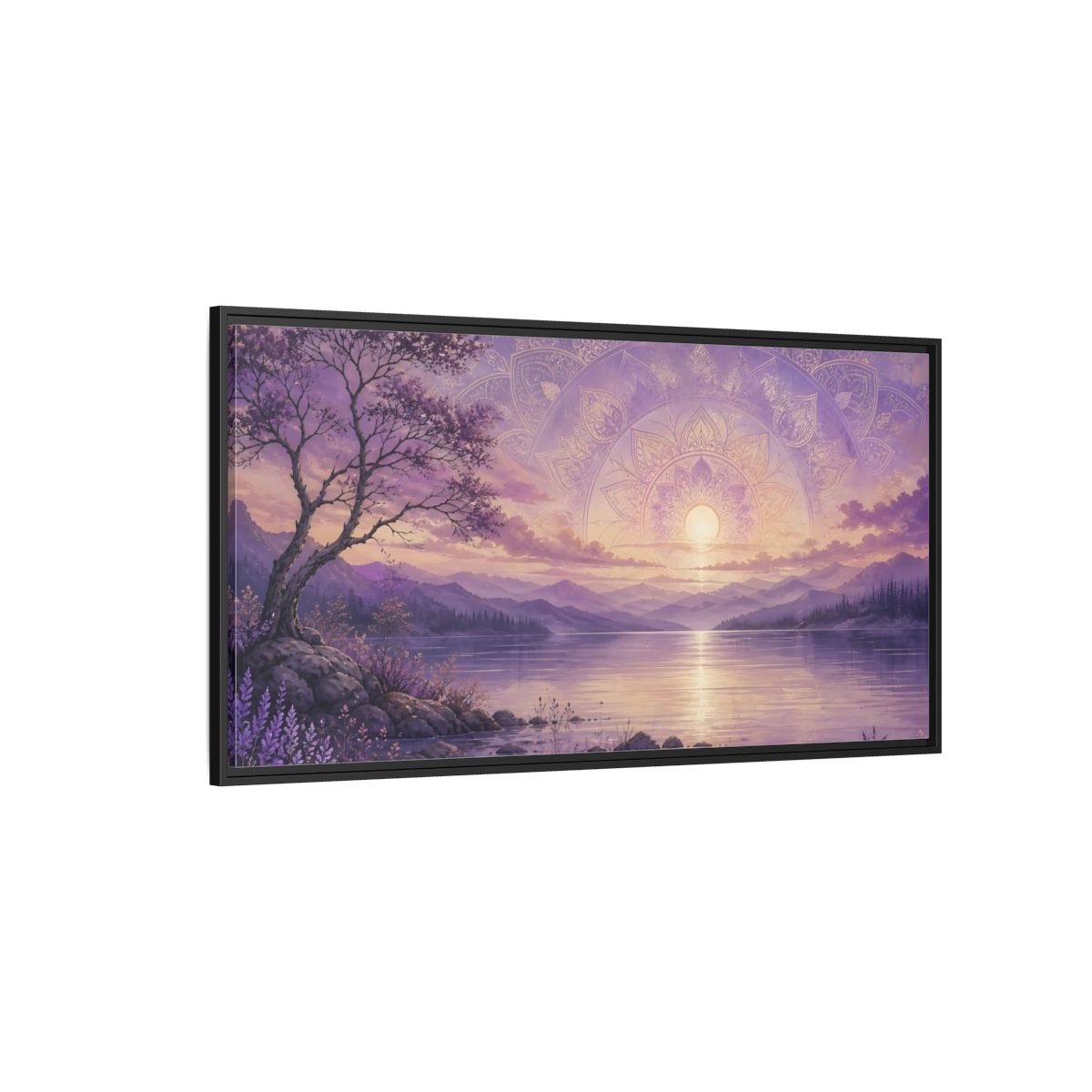 Side Mockup 5. Nature Lake Sunset Lavender Sunset shown as stretched canvas wall art