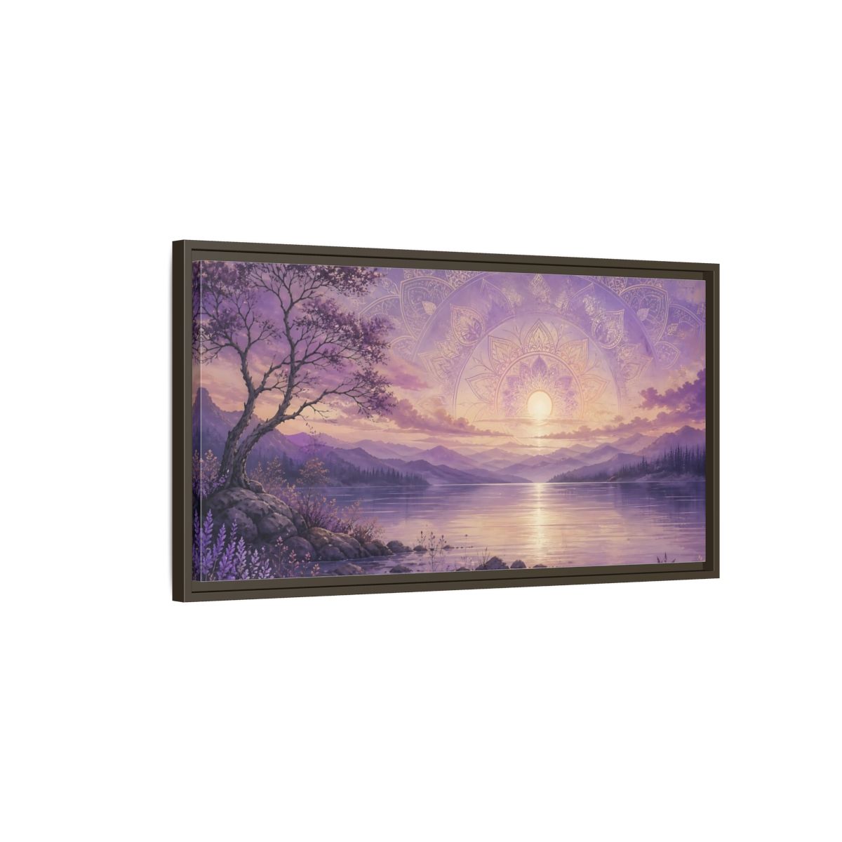 Main Mockup. Nature Lake Sunset Lavender Sunset shown as stretched canvas wall art