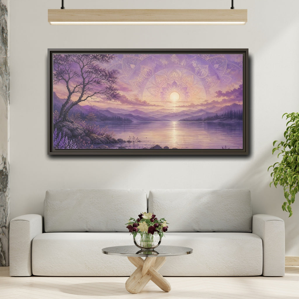 Mockup 2. Nature Lake Sunset Lavender Sunset shown as stretched canvas wall art