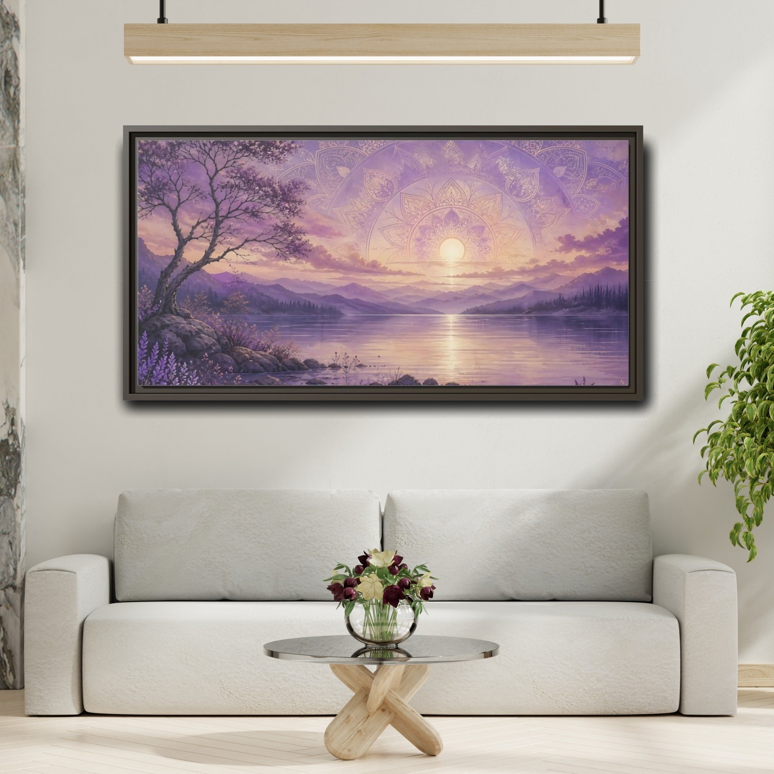 Mockup 2. Nature Lake Sunset Lavender Sunset shown as stretched canvas wall art