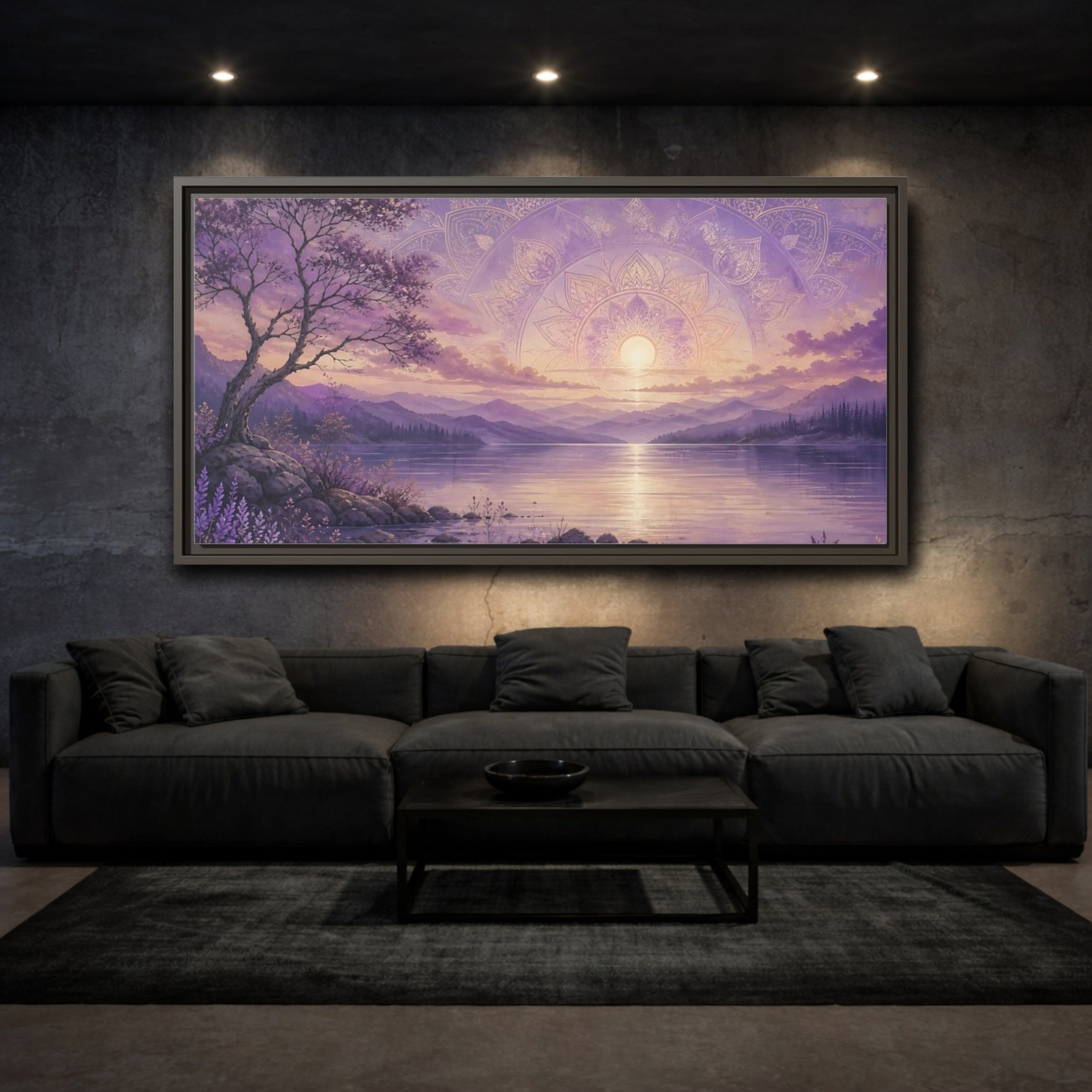 Mockup 3. Nature Lake Sunset Lavender Sunset shown as stretched canvas wall art