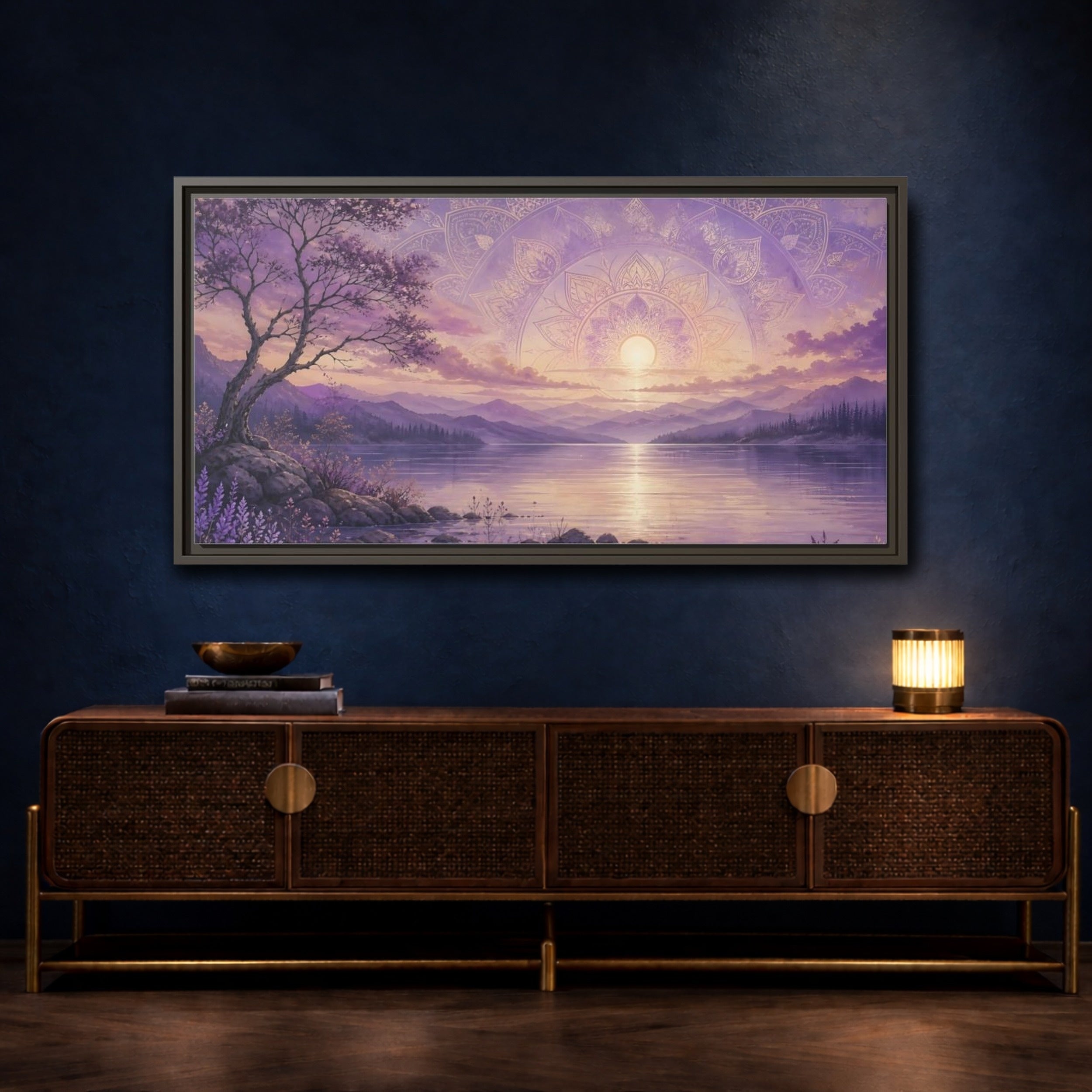 Mockup 4. Nature Lake Sunset Lavender Sunset shown as stretched canvas wall art