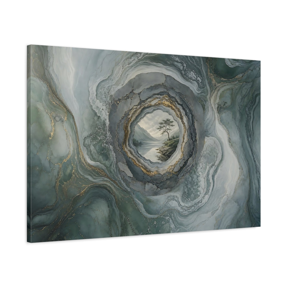 Main Mockup. Nature Lake Tree Green Gold Abstract shown as stretched canvas wall art