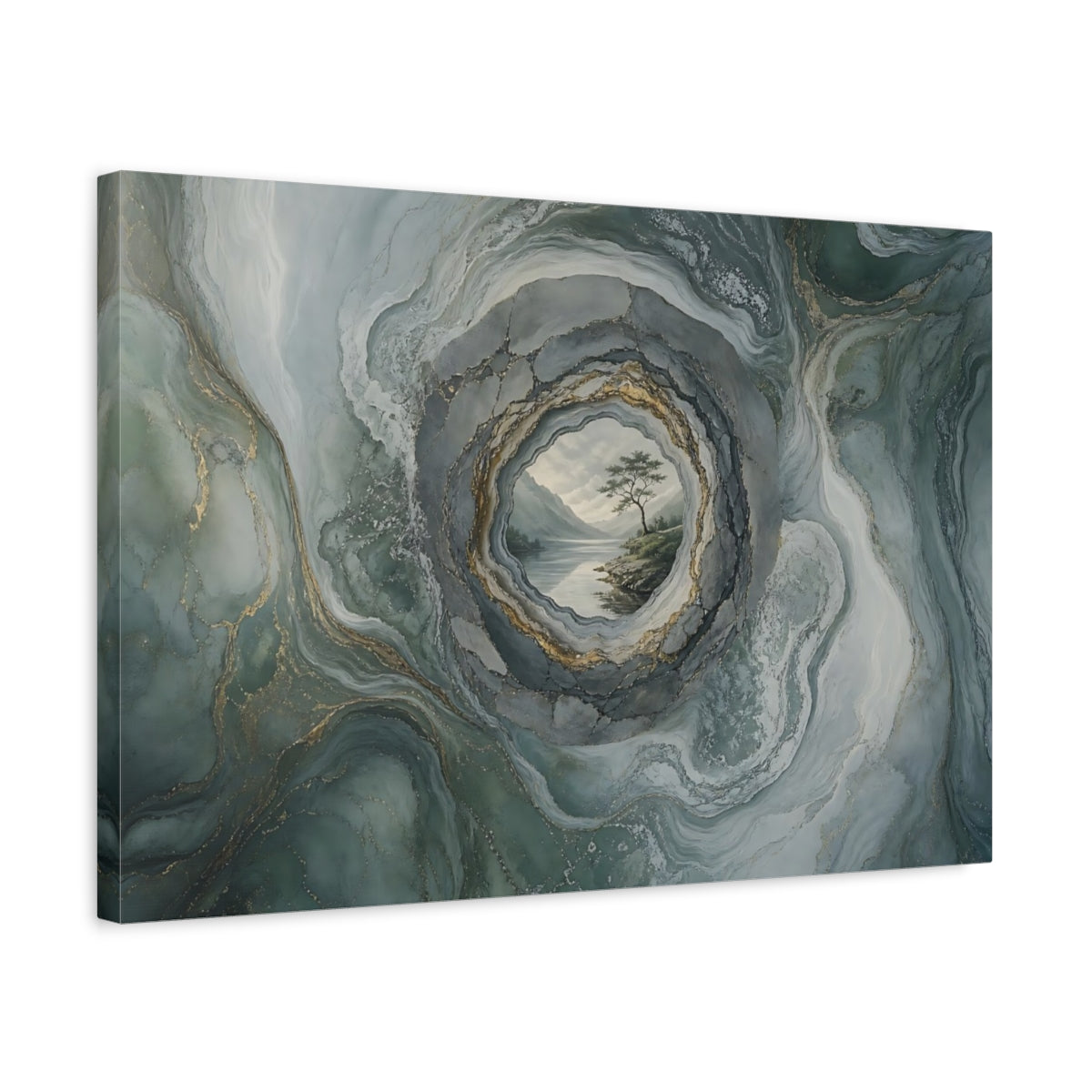 Side Mockup 3. Nature Lake Tree Green Gold Abstract shown as stretched canvas wall art