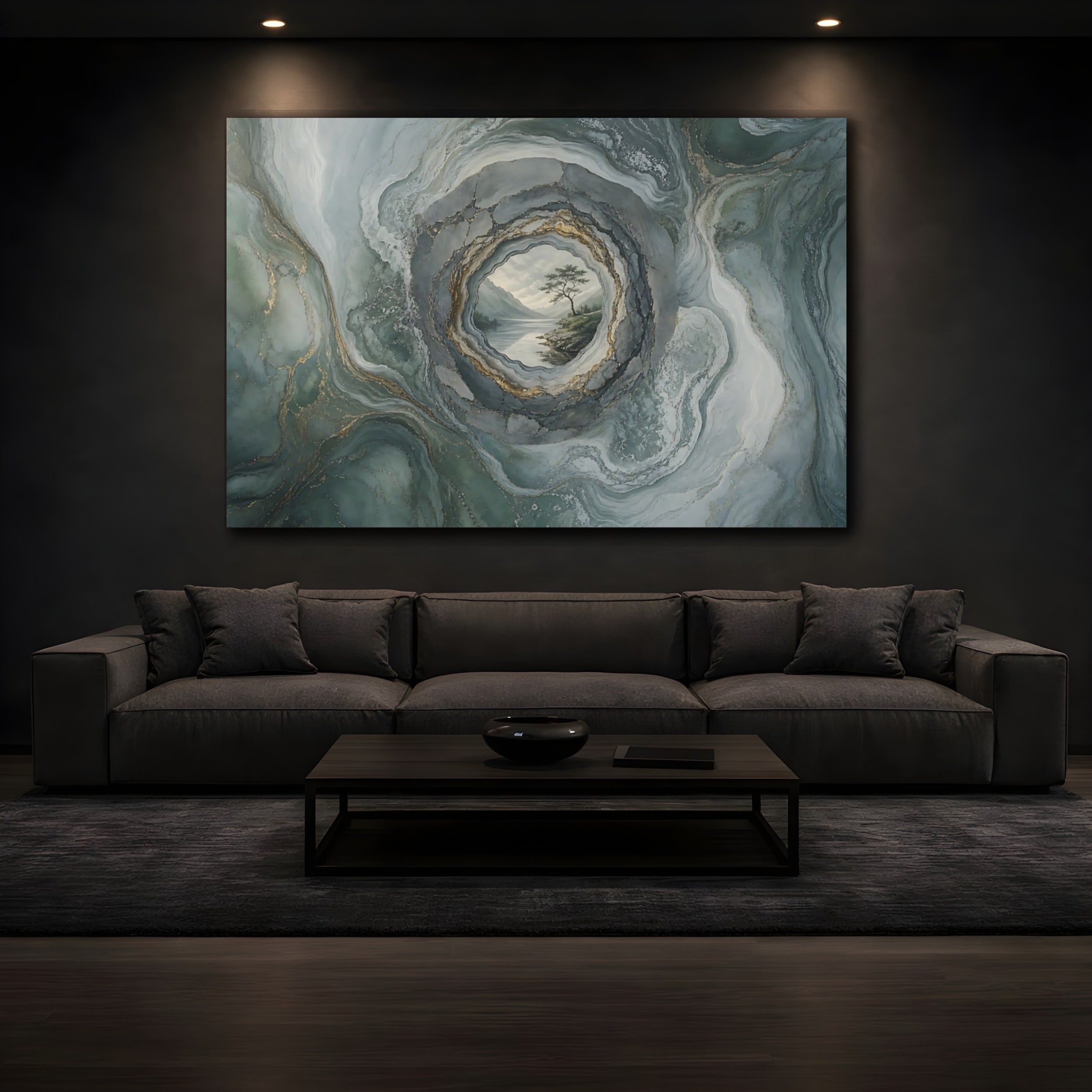 Mockup 3. Nature Lake Tree Green Gold Abstract shown as stretched canvas wall art