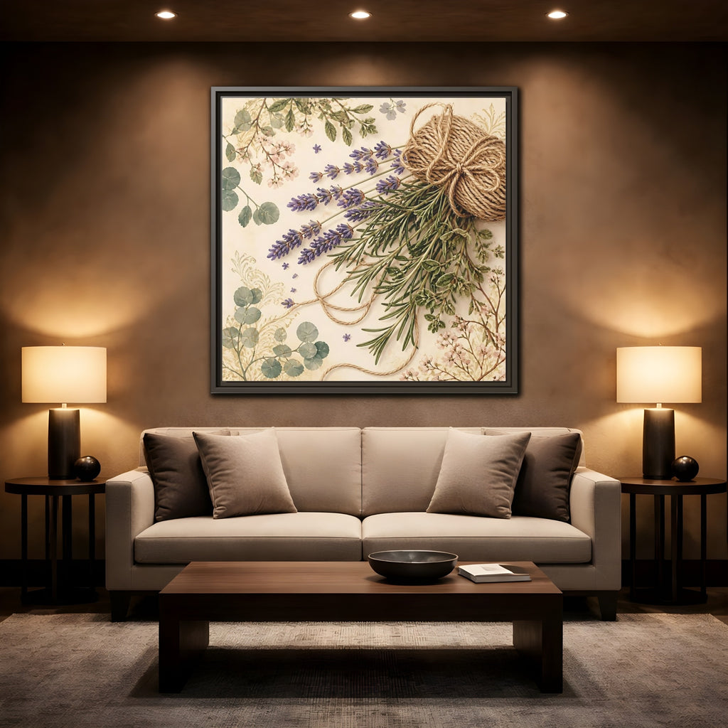 Mockup 2. Nature Lavender Bouquet Purple Green Bouquet shown as stretched canvas wall art
