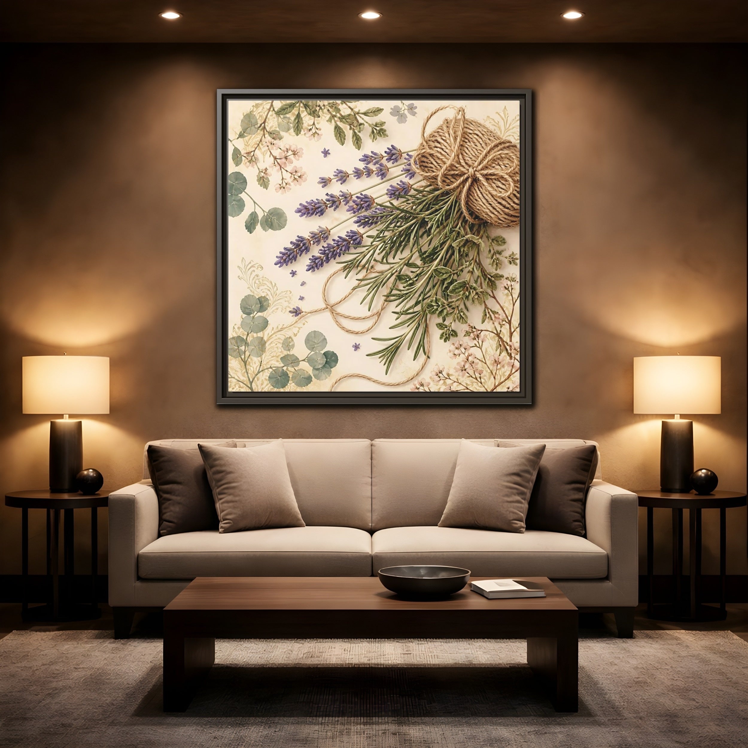 Mockup 2. Nature Lavender Bouquet Purple Green Bouquet shown as stretched canvas wall art