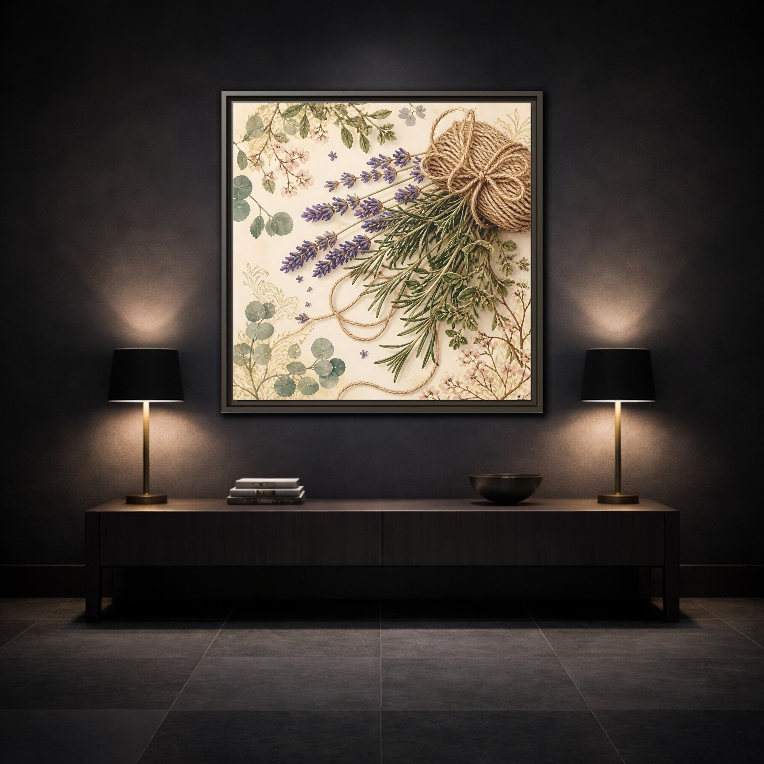 Mockup 3. Nature Lavender Bouquet Purple Green Bouquet shown as stretched canvas wall art