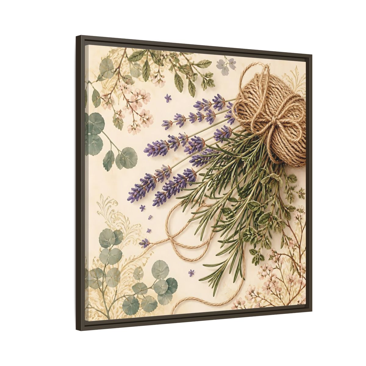 Side Mockup 8. Nature Lavender Bouquet Purple Green Bouquet shown as stretched canvas wall art