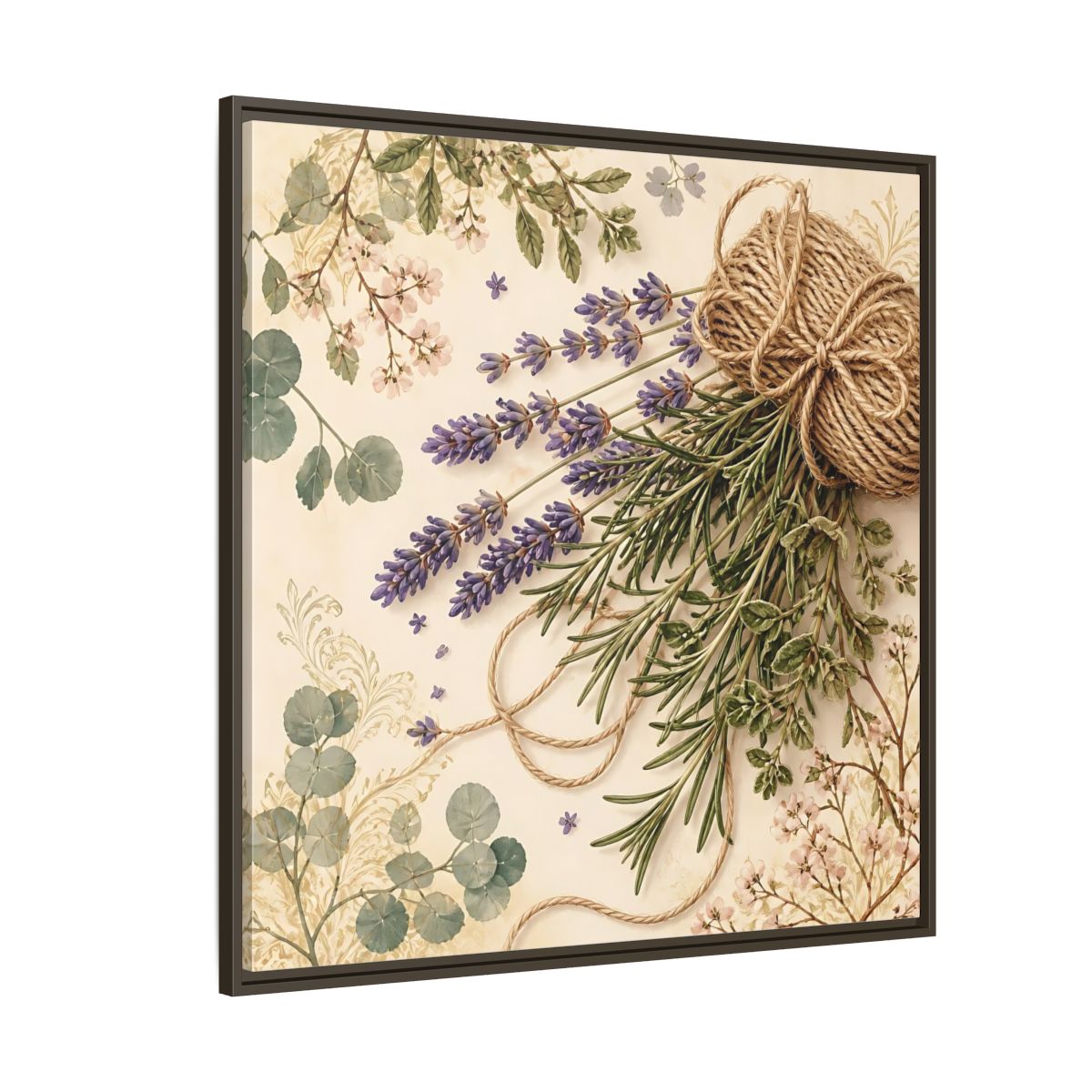 Side Mockup 5. Nature Lavender Bouquet Purple Green Bouquet shown as stretched canvas wall art