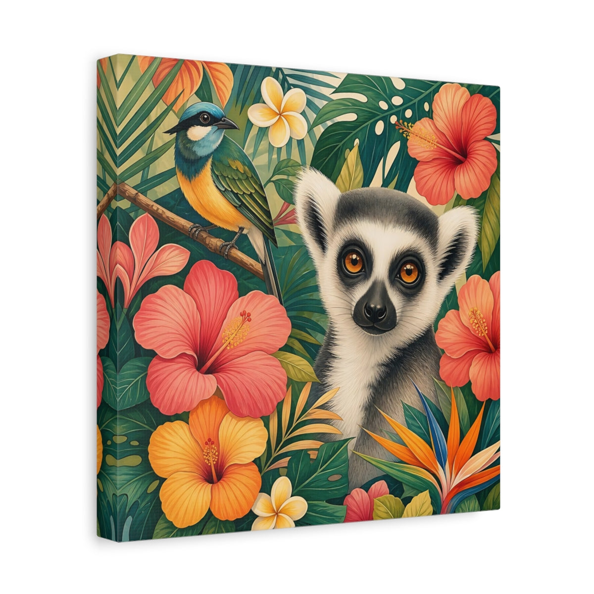 Side Mockup 8. Nature Lemur Colorful Tropical Animals shown as stretched canvas wall art