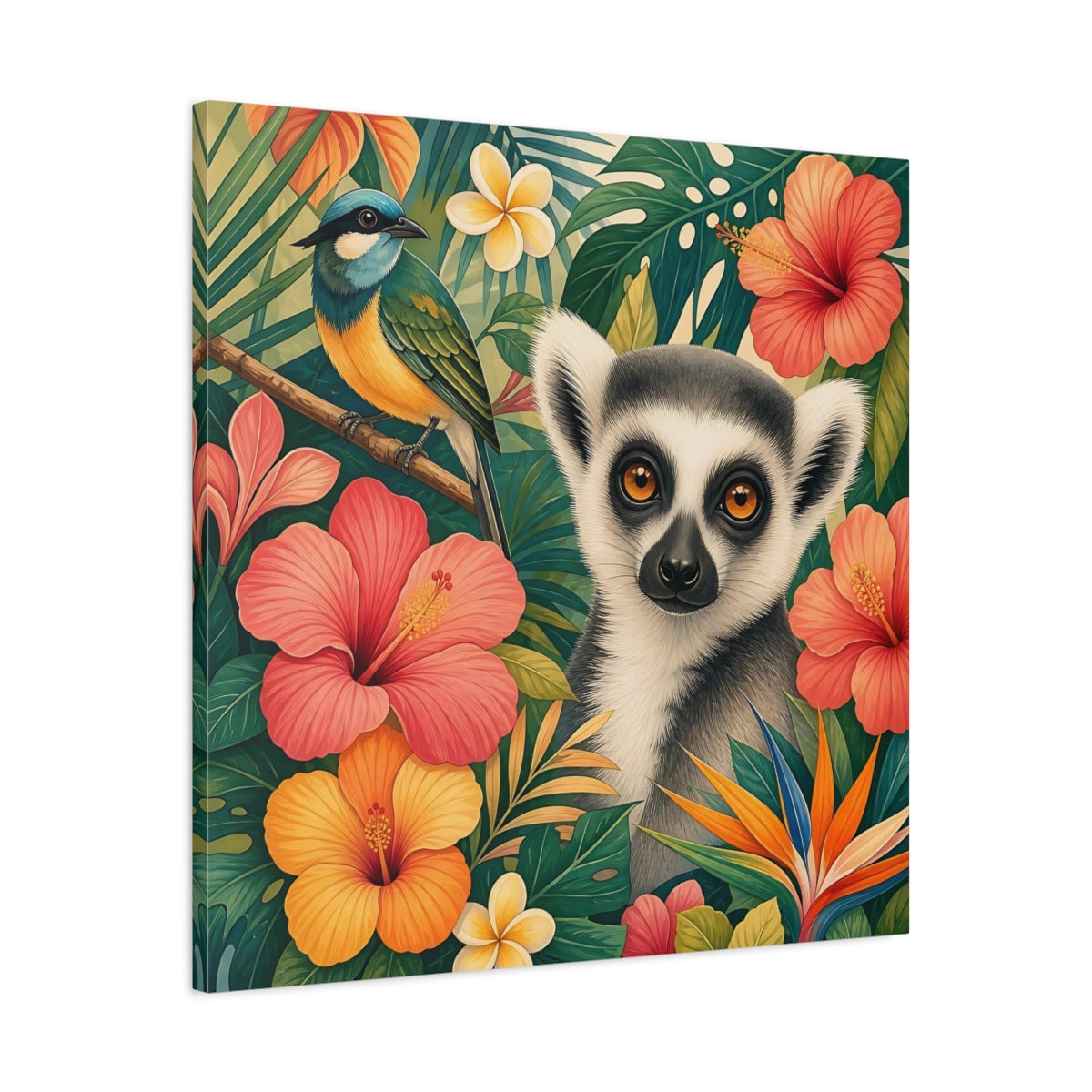 Side Mockup 3. Nature Lemur Colorful Tropical Animals shown as stretched canvas wall art