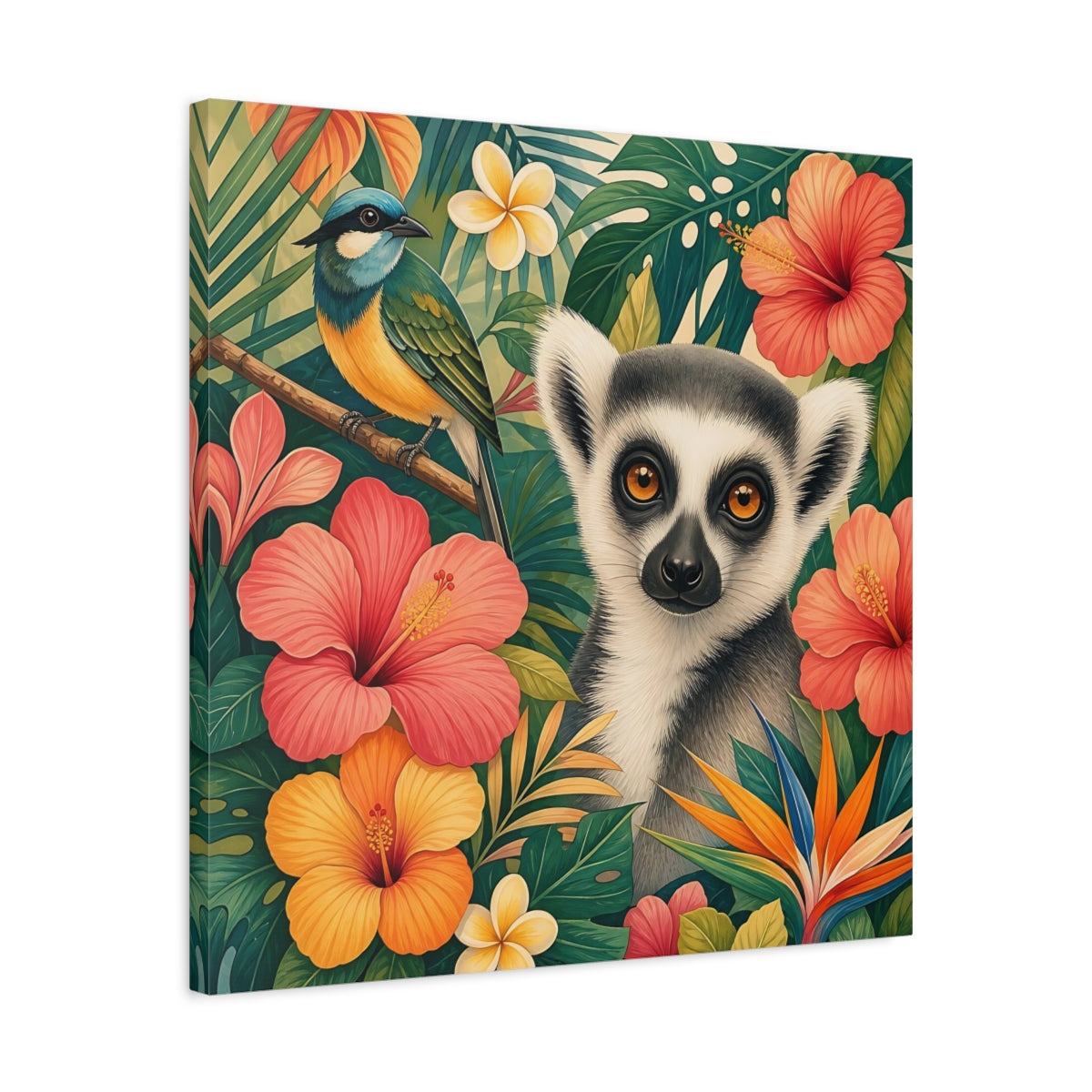 Side Mockup 4. Nature Lemur Colorful Tropical Animals shown as stretched canvas wall art