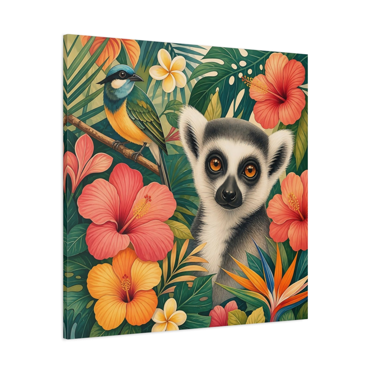 Side Mockup 1. Nature Lemur Colorful Tropical Animals shown as stretched canvas wall art
